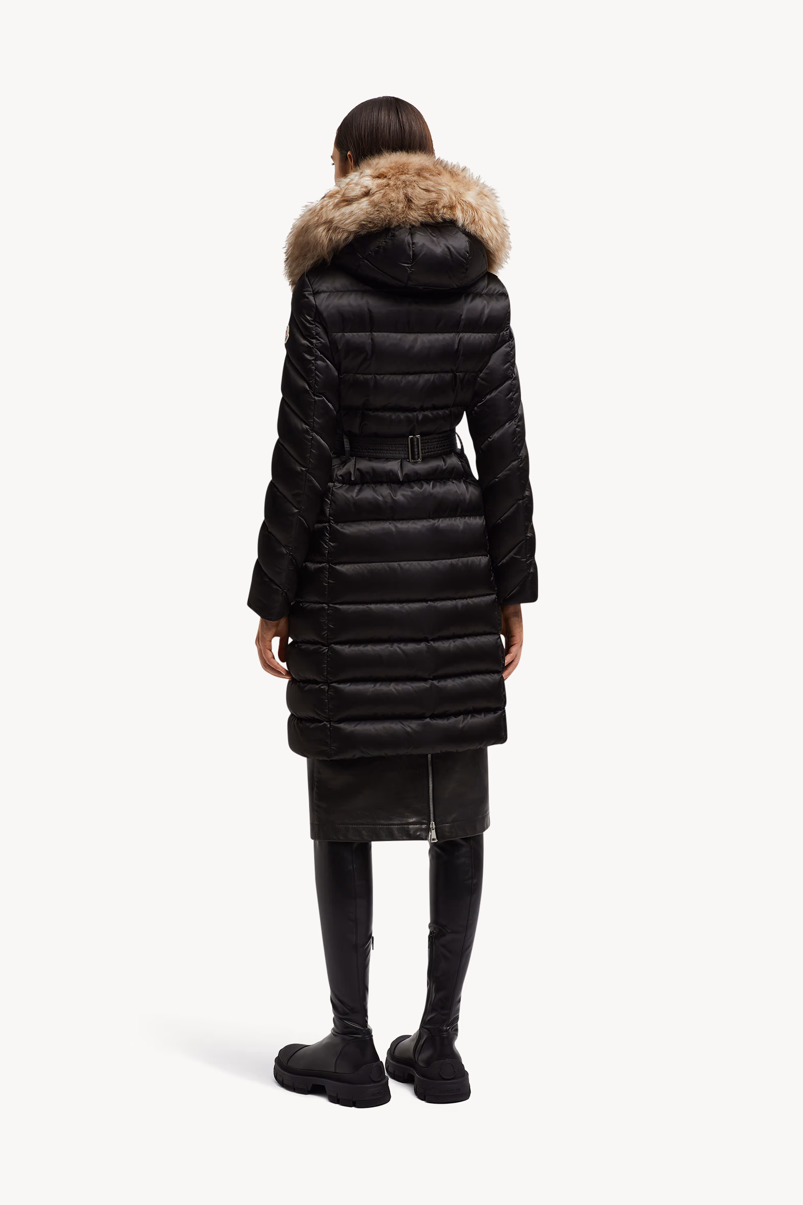 Leersie Hooded Shearling-Trimmed Long Down Jacket Women Black & Beige Moncler 5